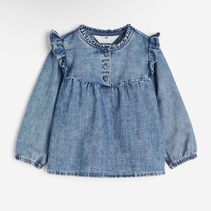 Pre-owned H&M Denim Blue Long Sleeve Blouse with Ruffles/ Size: 7